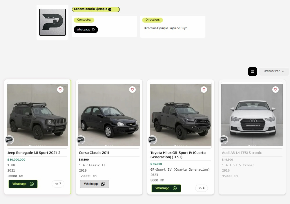 Ejemplo de perfil de agencia con logo y vehículos conectados en Mendoza Digital