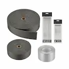 Kit completo de aislamiento térmico de escapes con dos rollos de cinta de grafito negro, precintos de acero inoxidable de diferentes medidas y rollo de cinta de aluminio sobre fondo blanco listo para comprar online en Mendoza