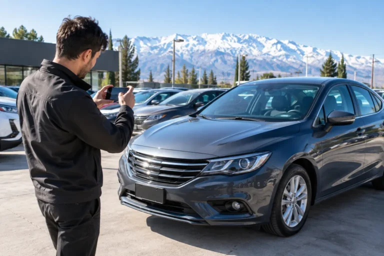 Vendedor de una agencia de autos fotografía un vehículo con el celular en Mendoza