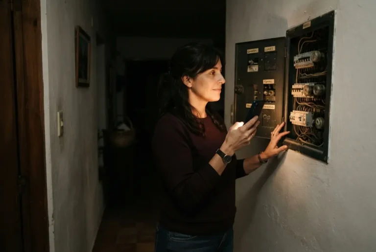 Mujer revisa con una linterna el tablero eléctrico de su casa durante un corte de luz en Mendoza