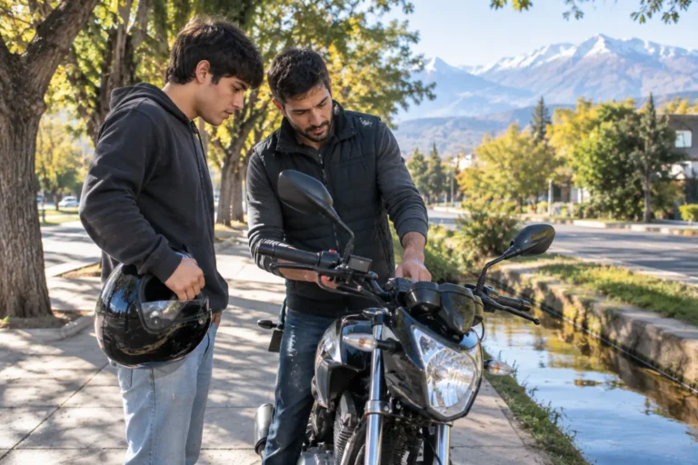 Comprador revisa una moto usada estacionada en una vereda arbolada de Mendoza