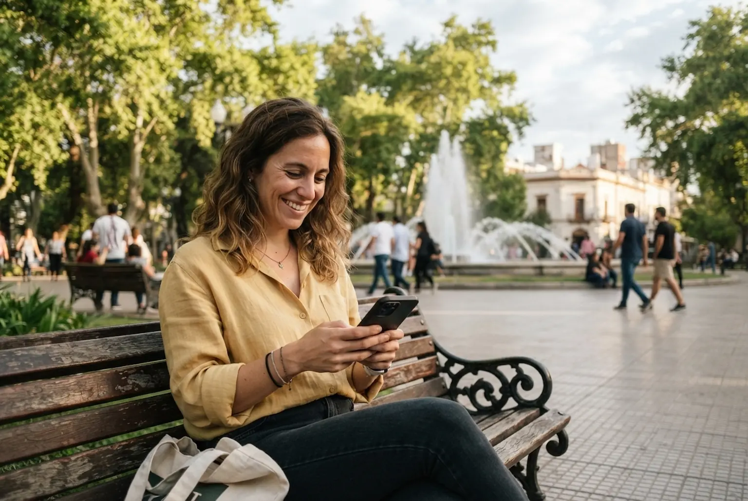 Mujer usa su celular en una plaza arbolada de la Ciudad de Mendoza